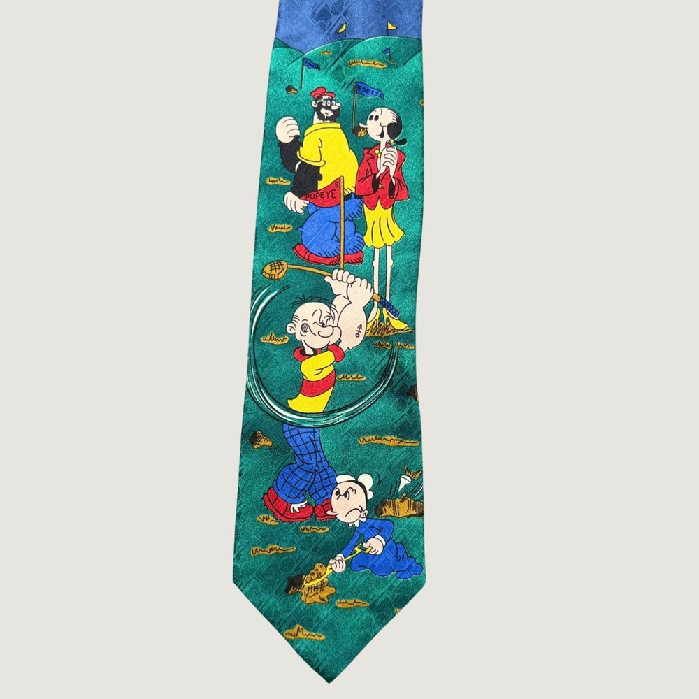 Vintage Popeye The Sailor Man Golf Silk Tie 1993 KFS Hearst Format Italy Green